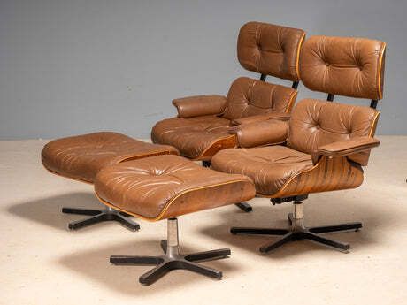 photo buy Mid Century Lounge Chair With Ottoman, Leather & Plywood, 1960s