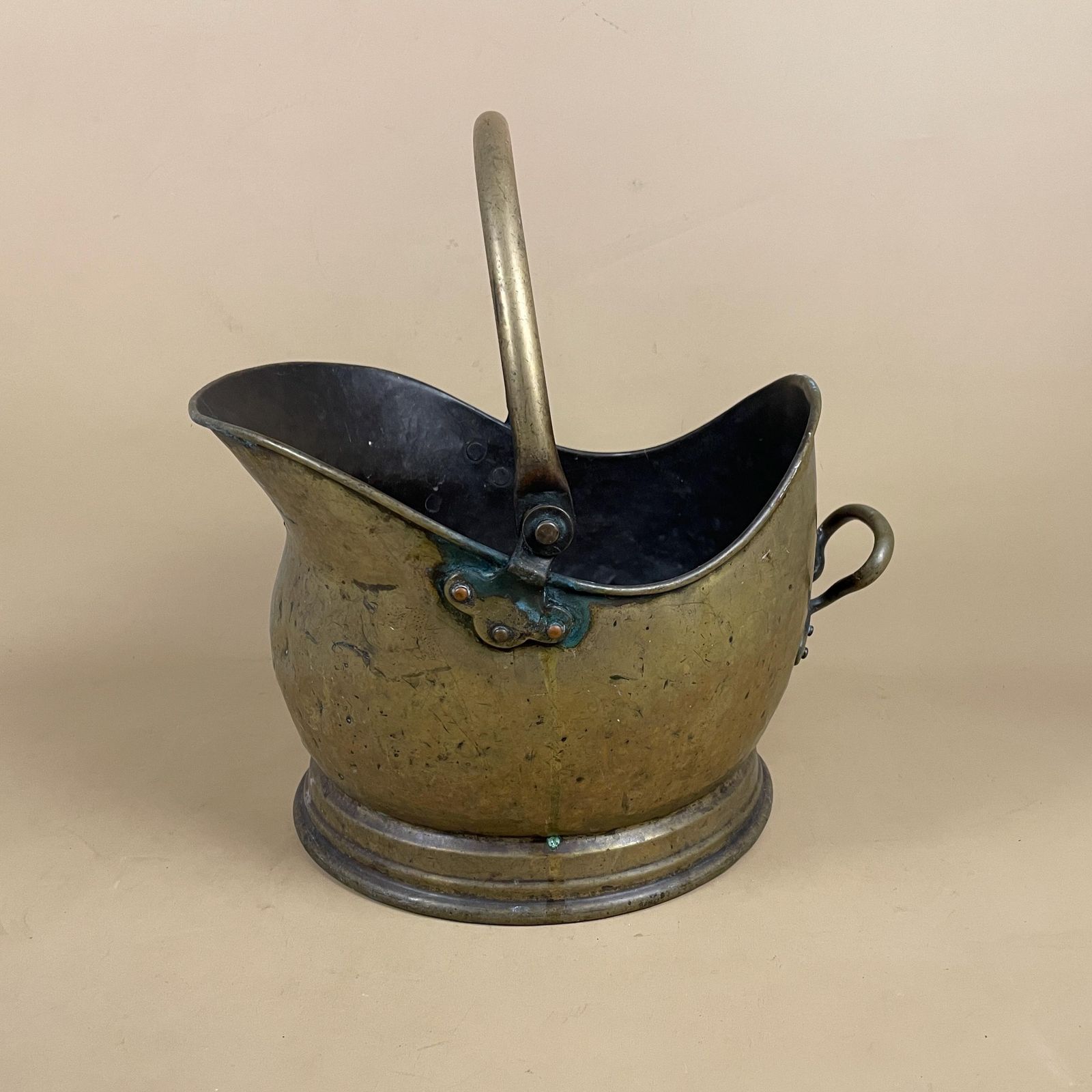 Antique Metal Gold Brass Coal Bucket Handle Fireside Fire Side Scuttle Log Helmet Farmhouse Cottage Aged Patina Vintage Fireplace Logs