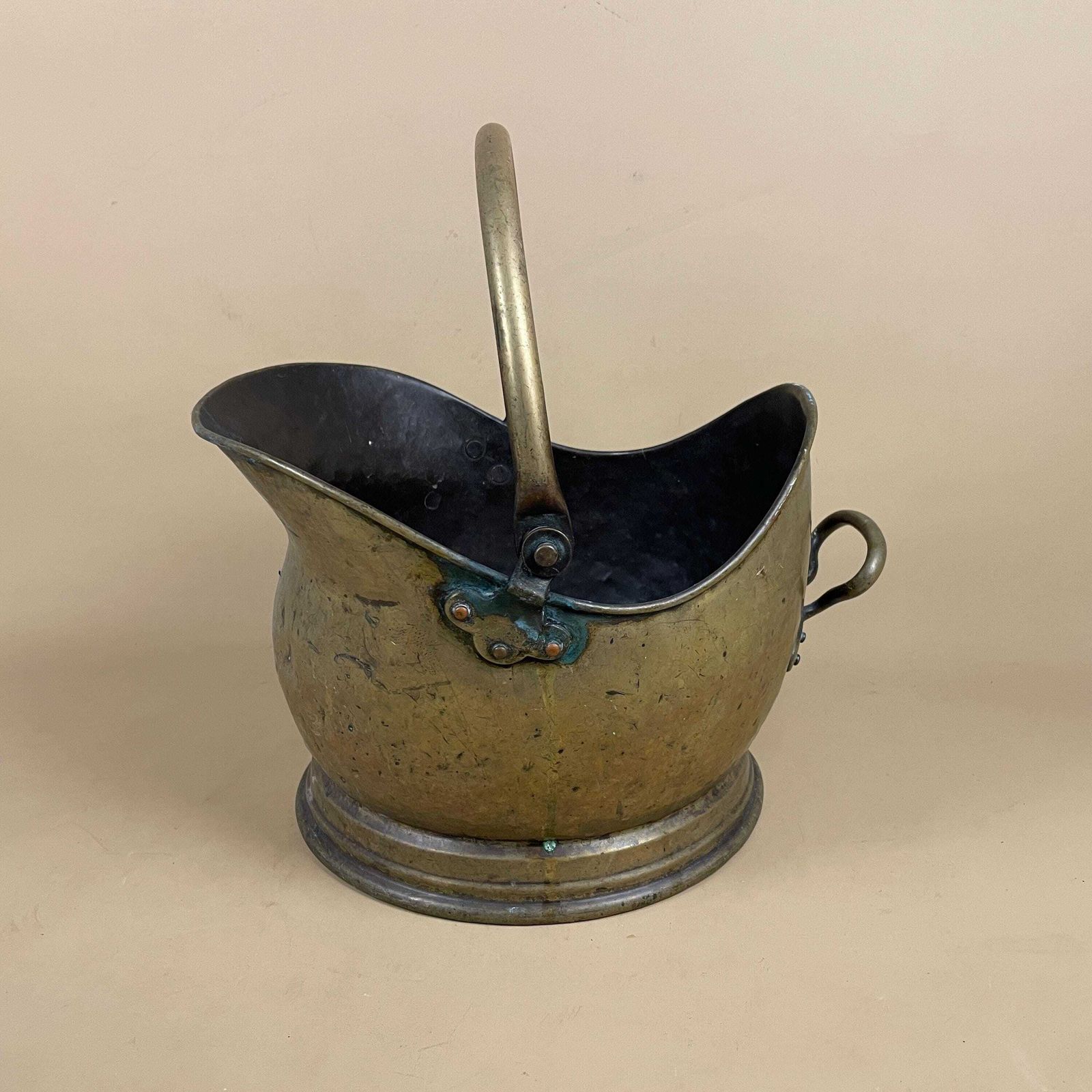Antique Metal Gold Brass Coal Bucket Handle Fireside Fire Side Scuttle Log Helmet Farmhouse Cottage Aged Patina Vintage Fireplace Logs photo for sale