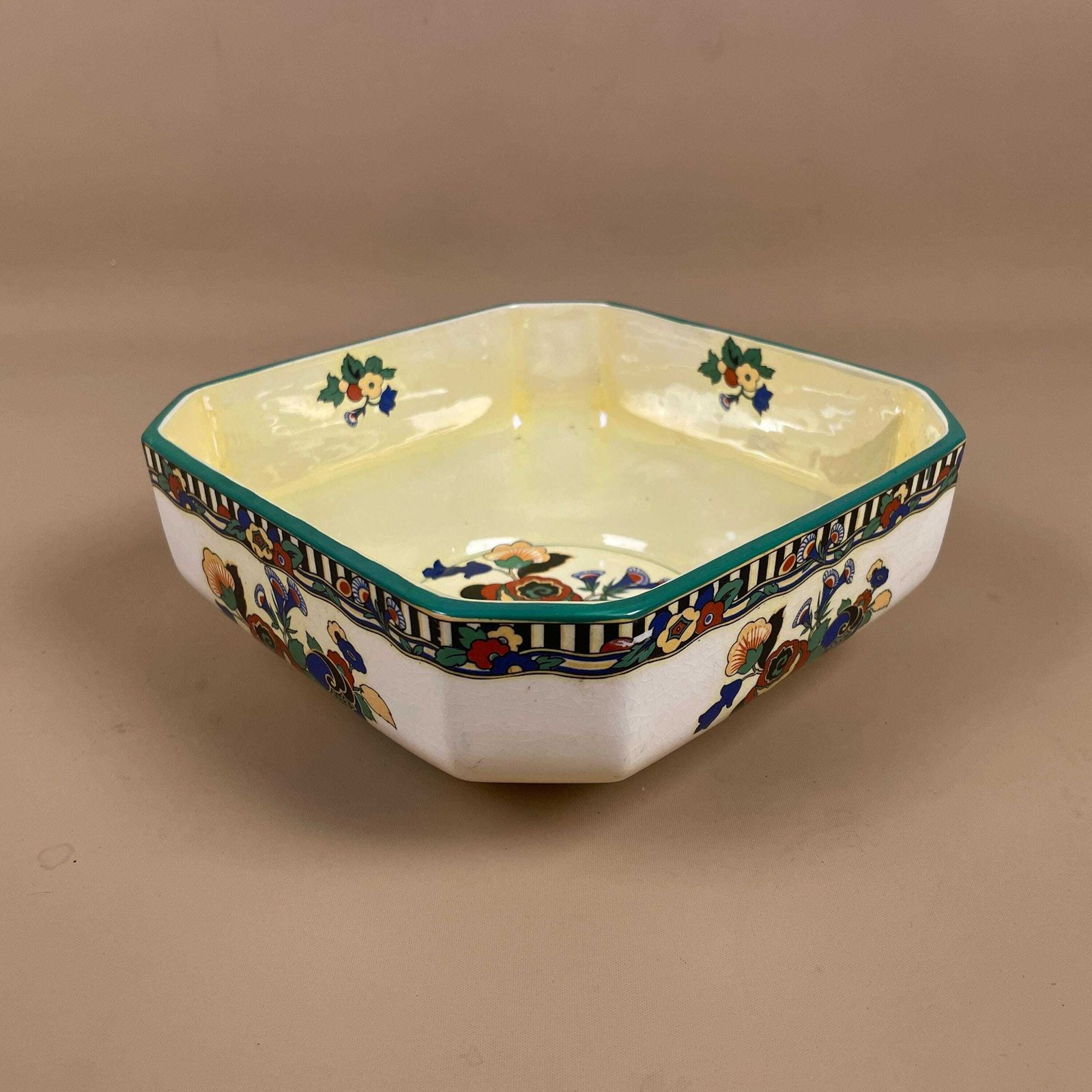 English Flosmaron Ceramic Bowl Vintage Yellow Floral Art Deco Style Display Dish Hand Painted English Pottery Decor C.1930/40's photo furniture