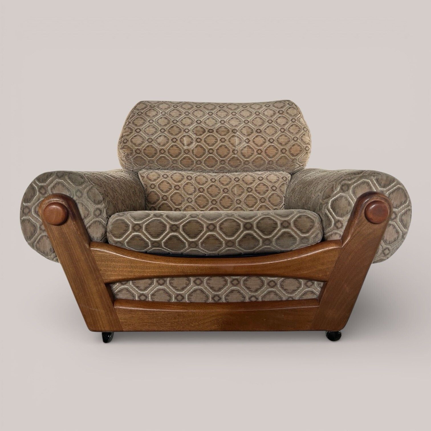 Mid Century Teak Armchair With Velour Upholstery | On Castors