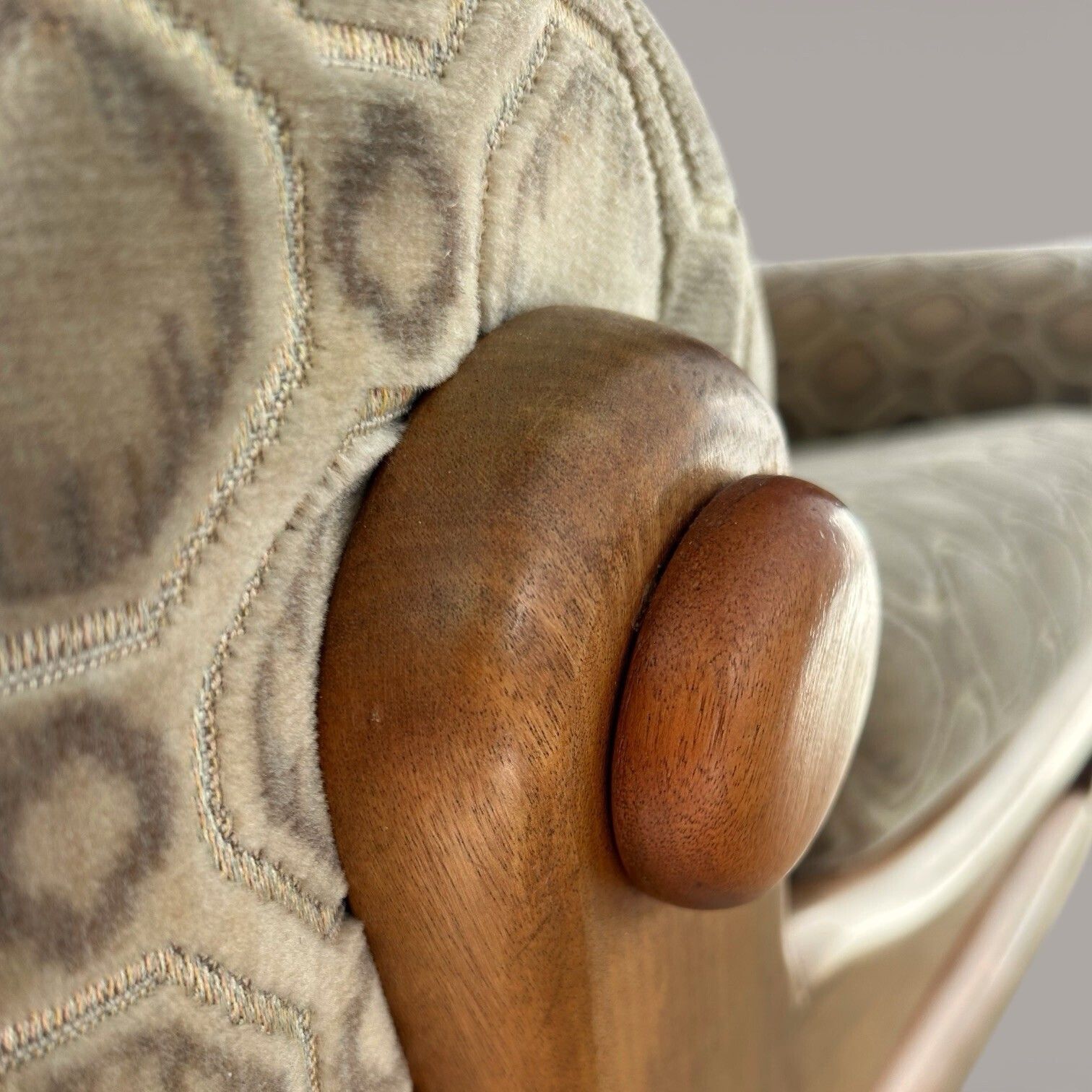 Mid Century Teak Armchair With Velour Upholstery | On Castors photo buy