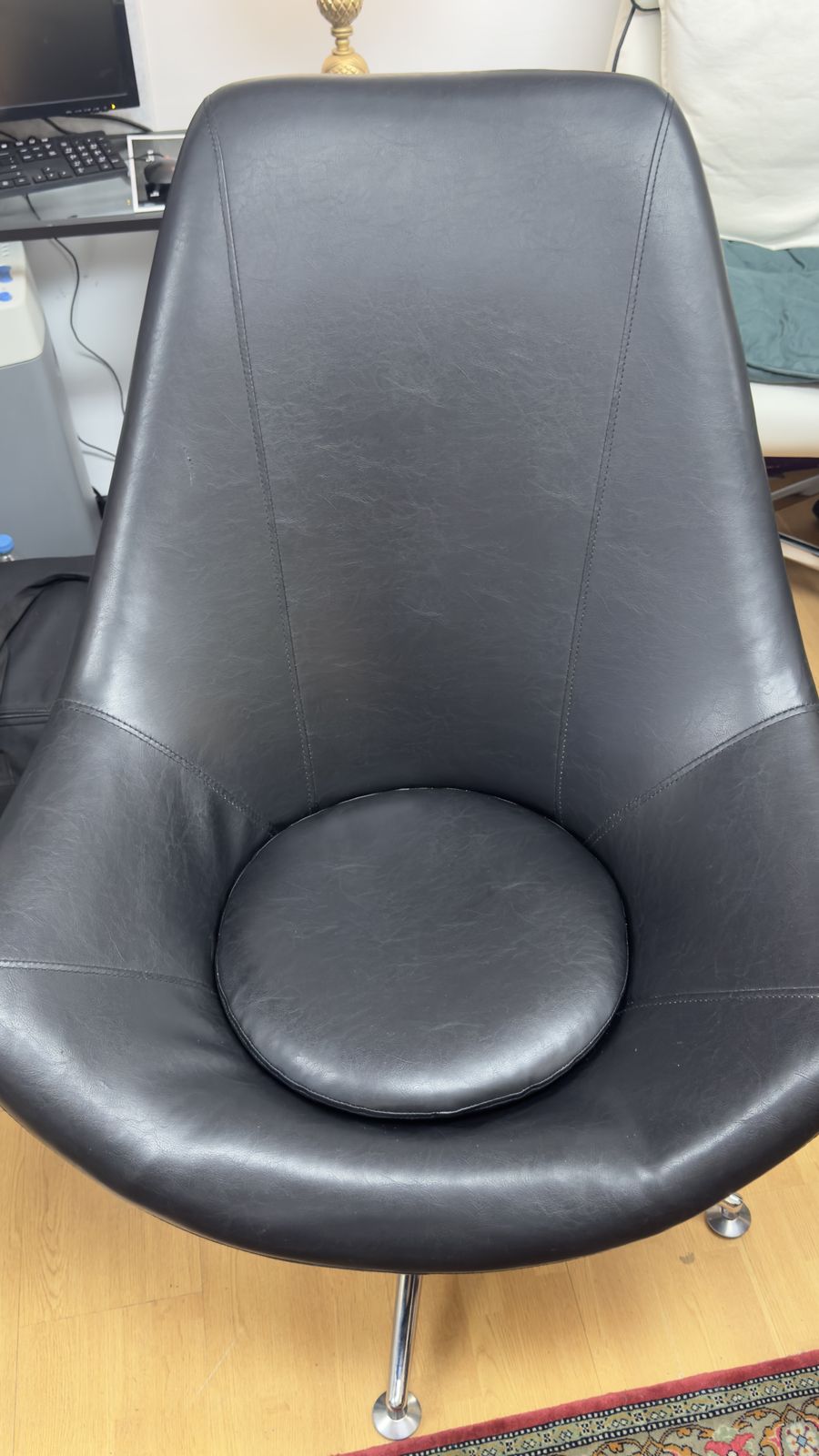 Retro High Backed Black Leather Swivel Armchair photo for sale