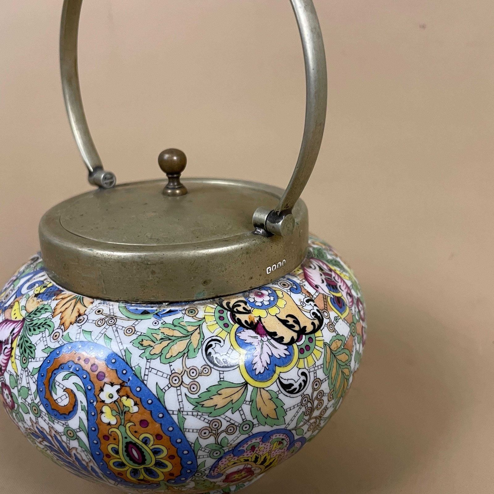 Ceramic Paisley Pattern Pot Brass Lid Decorative Boho Jar With Handle Display Colourful Eclectic Home Decor Cottage Country Tea Caddy photo 55.0