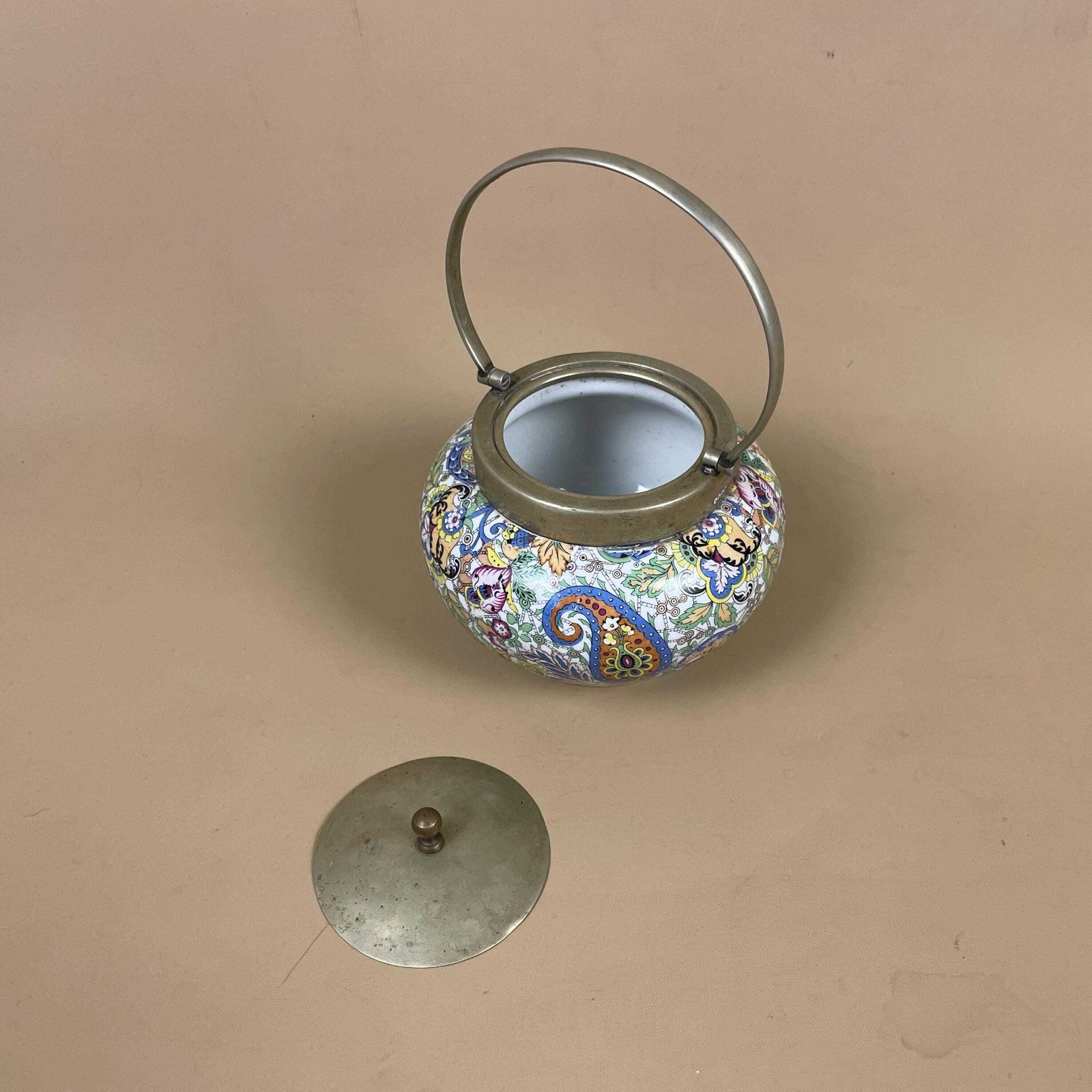 Ceramic Paisley Pattern Pot Brass Lid Decorative Boho Jar With Handle Display Colourful Eclectic Home Decor Cottage Country Tea Caddy photo vinterior
