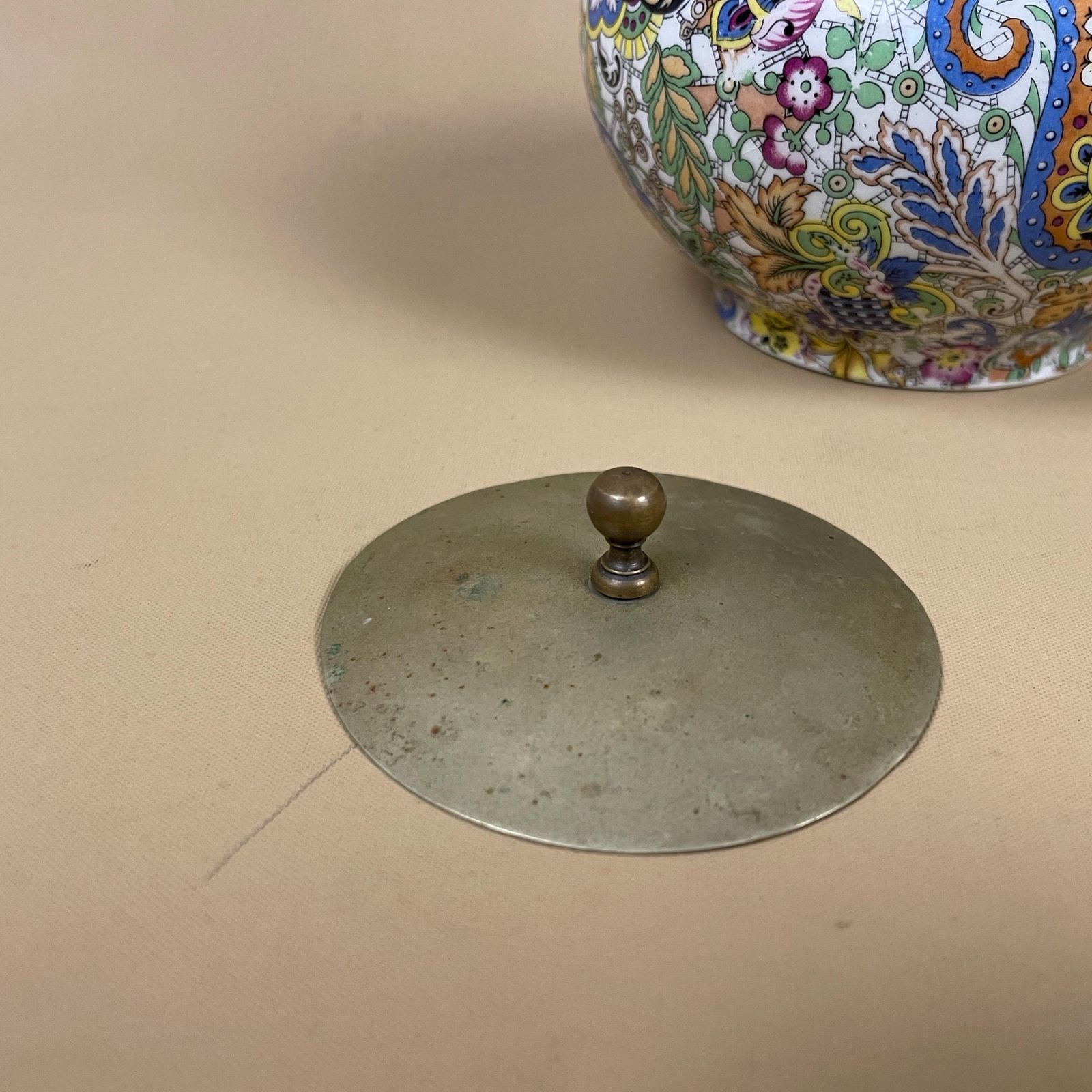 Ceramic Paisley Pattern Pot Brass Lid Decorative Boho Jar With Handle Display Colourful Eclectic Home Decor Cottage Country Tea Caddy photo buy
