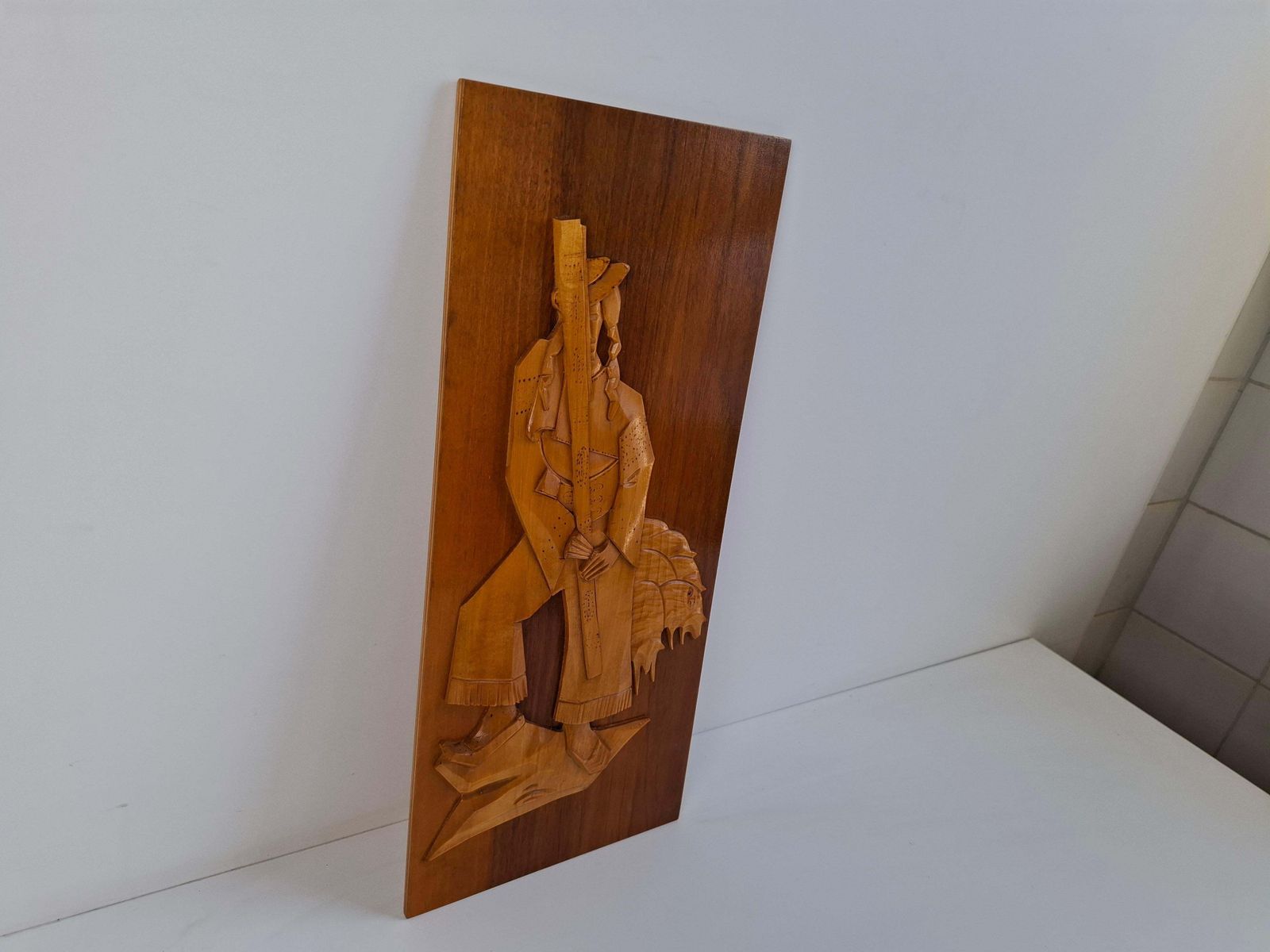 374.0 Midcentury Czech Hand Carved Wooden Shepherd Wall Relief, 1960 photo