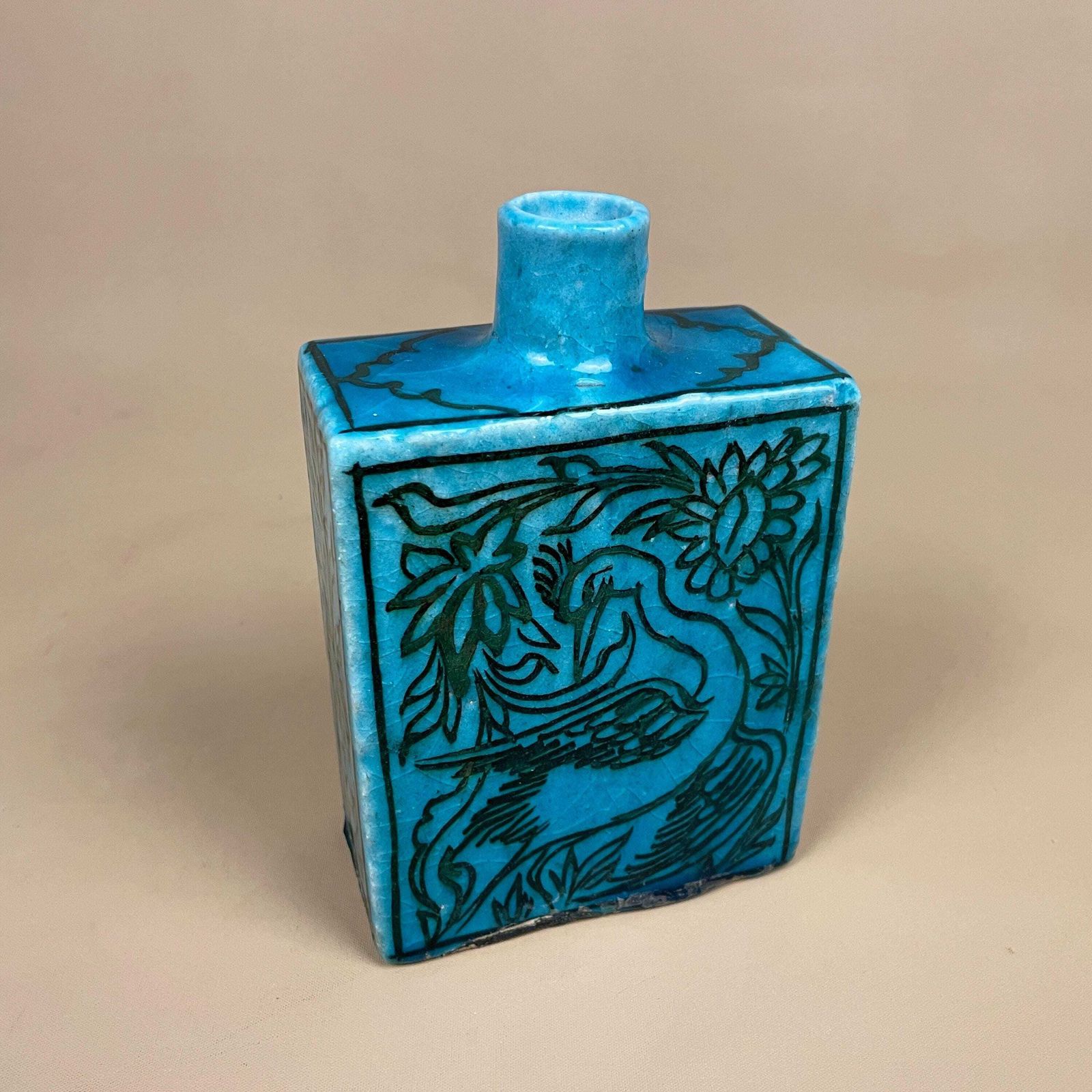 Turquoise Blue Ceramic Vase Bird Floral Hand Painted Square Pot Asian Style Oriental Boho Home Display Decor Glazed Earthenware