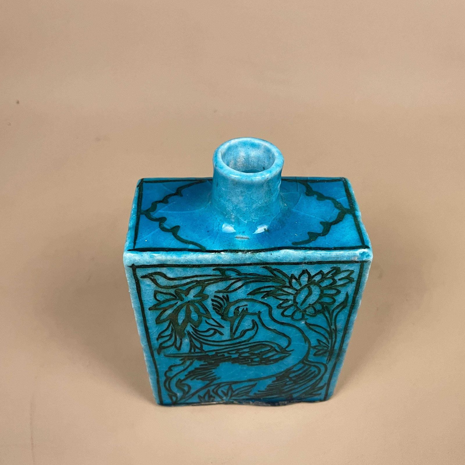 Turquoise Blue Ceramic Vase Bird Floral Hand Painted Square Pot Asian Style Oriental Boho Home Display Decor Glazed Earthenware photo 55.0