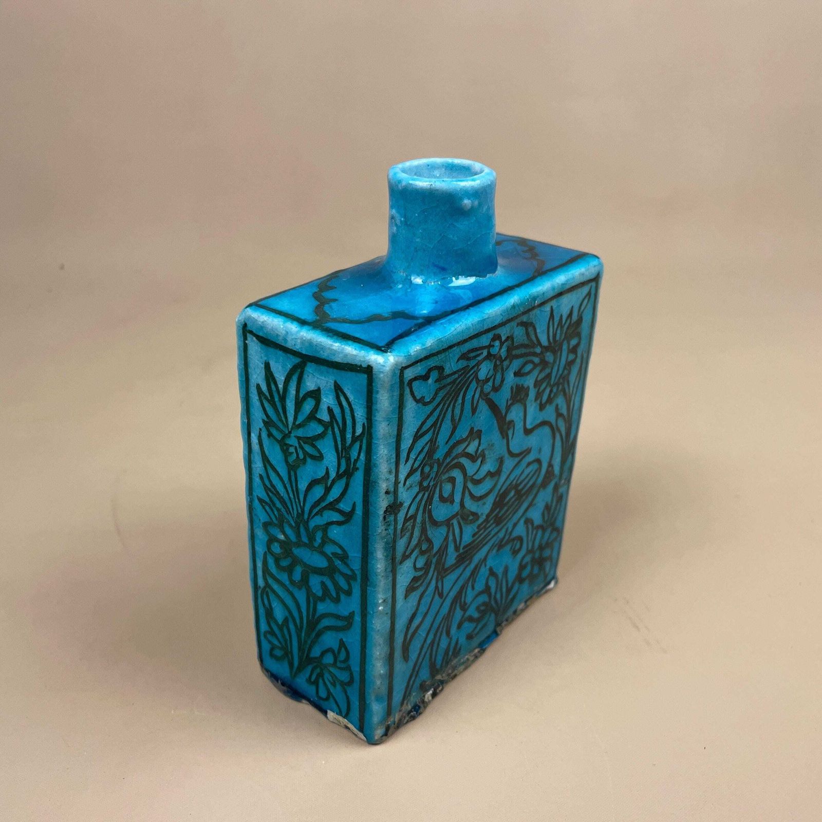 photo furniture Turquoise Blue Ceramic Vase Bird Floral Hand Painted Square Pot Asian Style Oriental Boho Home Display Decor Glazed Earthenware