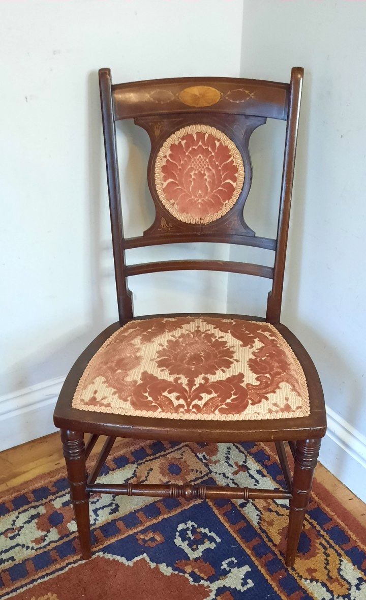 Vintage Edwardian Bedroom Boudoir Chair Padded Flock Seat Inlaid Marquetry Back photo furniture