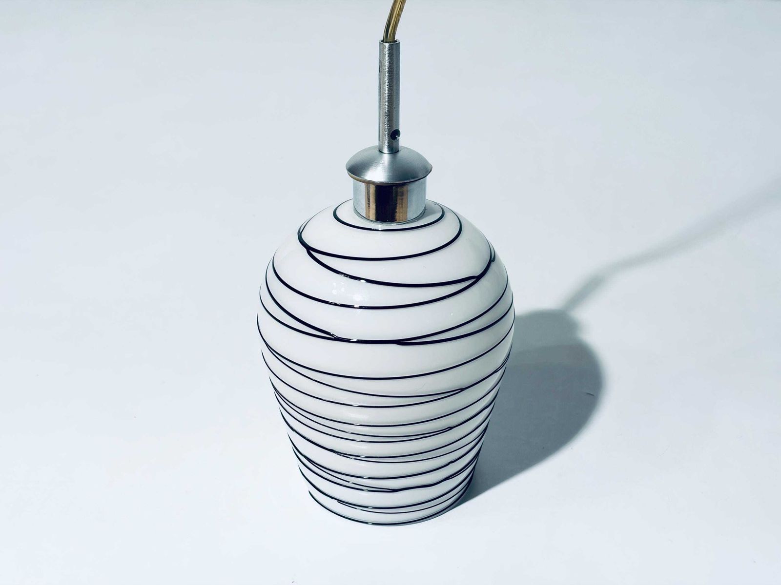 Vintage Scandinavian Striped White Black Glass Hanging Lamp / Handmade Lamp Shade 1970s Denmark photo 168.0
