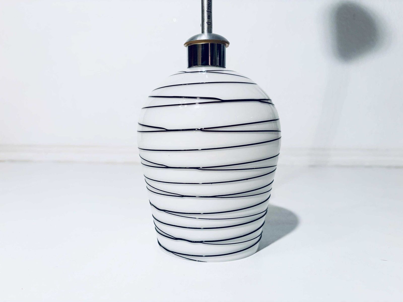 Vintage Scandinavian Striped White Black Glass Hanging Lamp / Handmade Lamp Shade 1970s Denmark photo buy