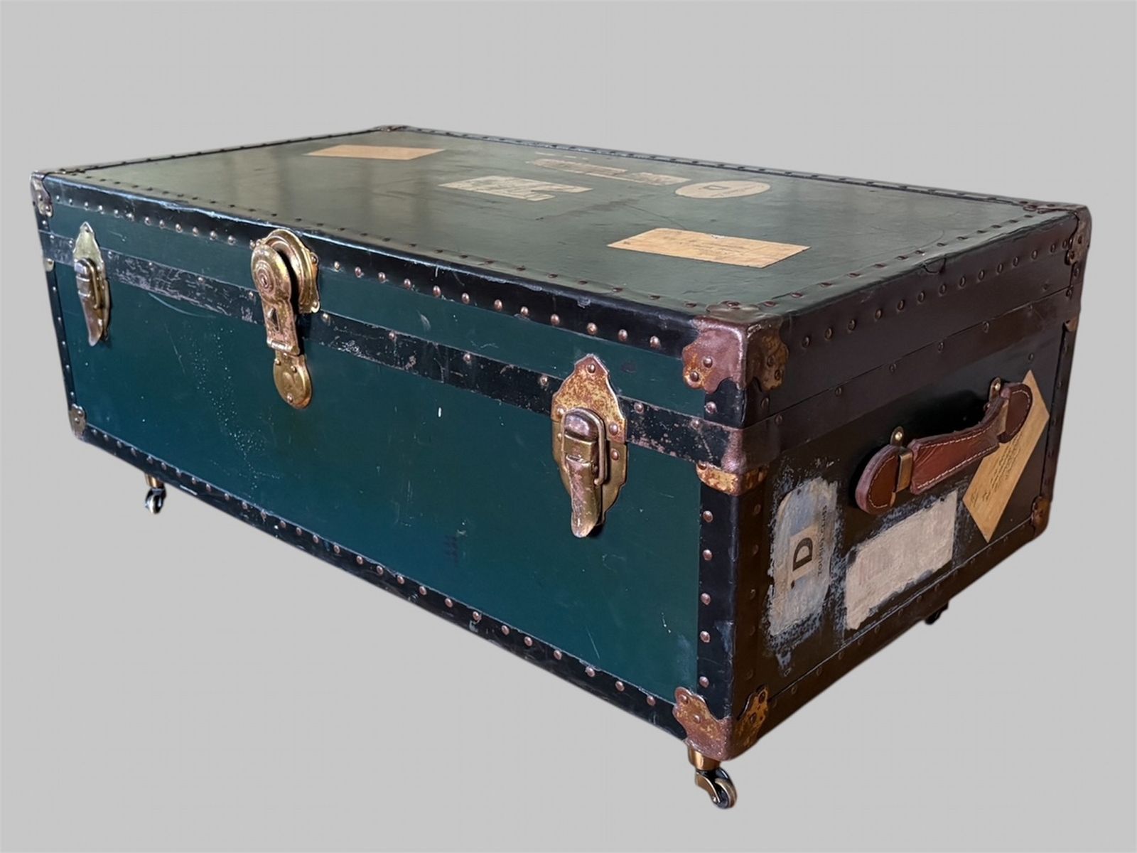 Blue Steamer Trunk On Castors England, Early 20th Century photo for sale