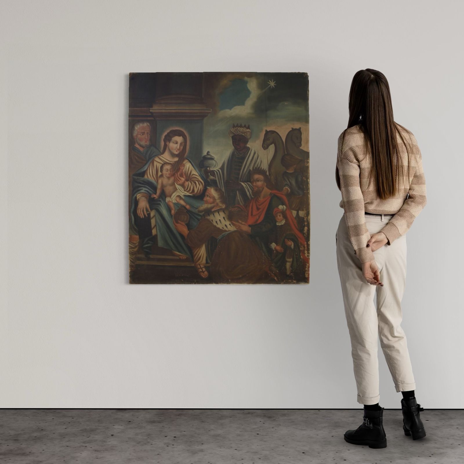 19th Century Spanish Painting Adoration Of The Magi photo for sale
