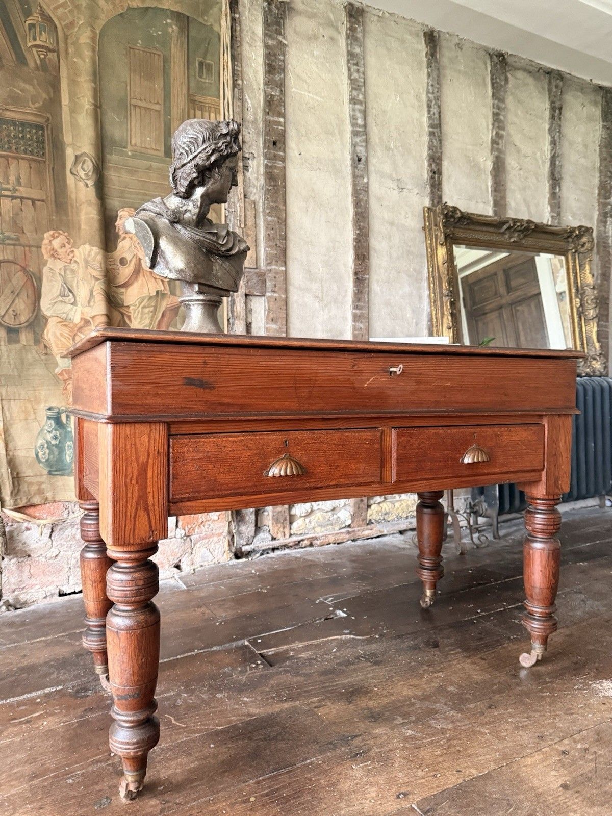 Antique Pitch Pine Rustic Farmhouse (Richard Smith) School Table Desk 1860 C photo for sale