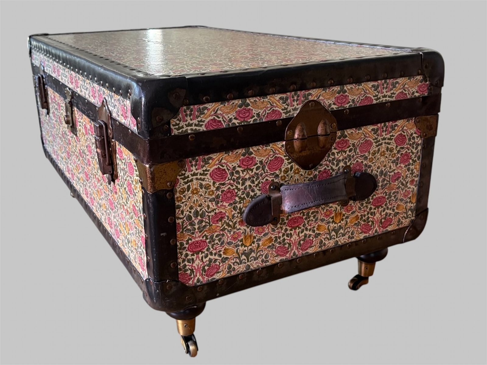Floral Wallpapered Trunk On Castors England, Early–Mid 20th Century photo for sale