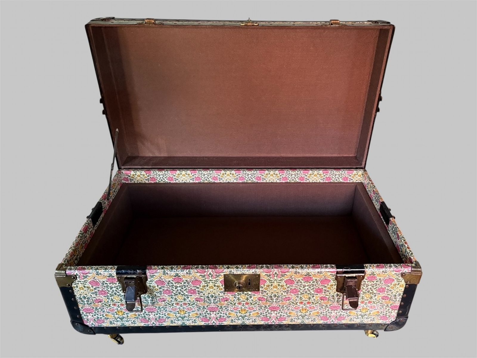 Floral Wallpapered Trunk On Castors England, Early–Mid 20th Century photo buy