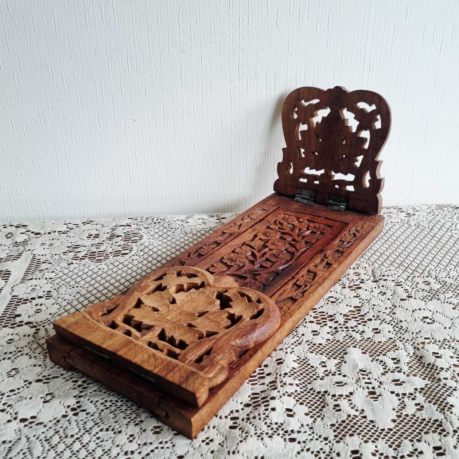 Furniture Vintage Indian Wood Bookrest/Bookshelf/Book Trough photo