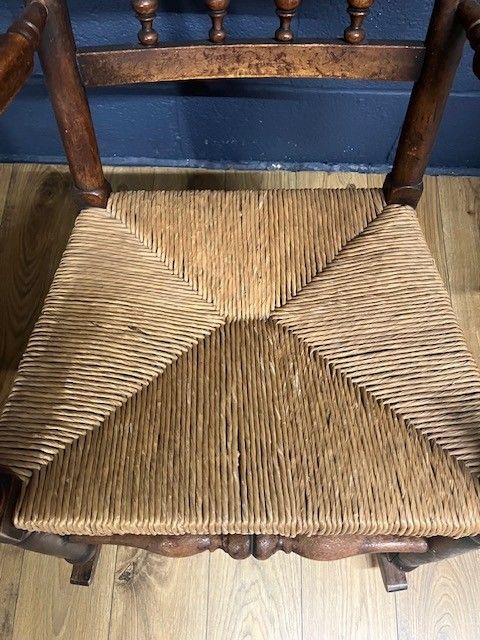 photo furniture Antique Elmwood Lancashire Wool Winding Chair W. Rush Seat