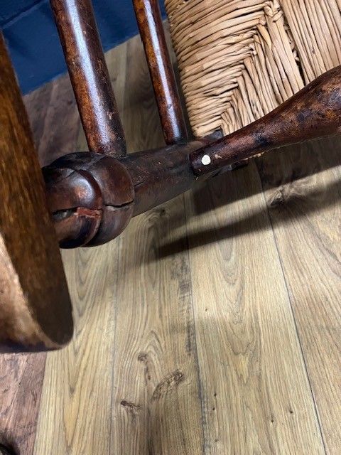 photo for sale Antique Elmwood Lancashire Wool Winding Chair W. Rush Seat