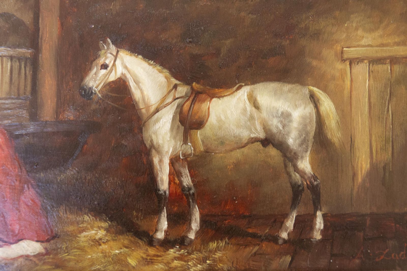 Vintage Oil Painting Of White Horse In Gilded Frame, 20th Century. photo 1255.0