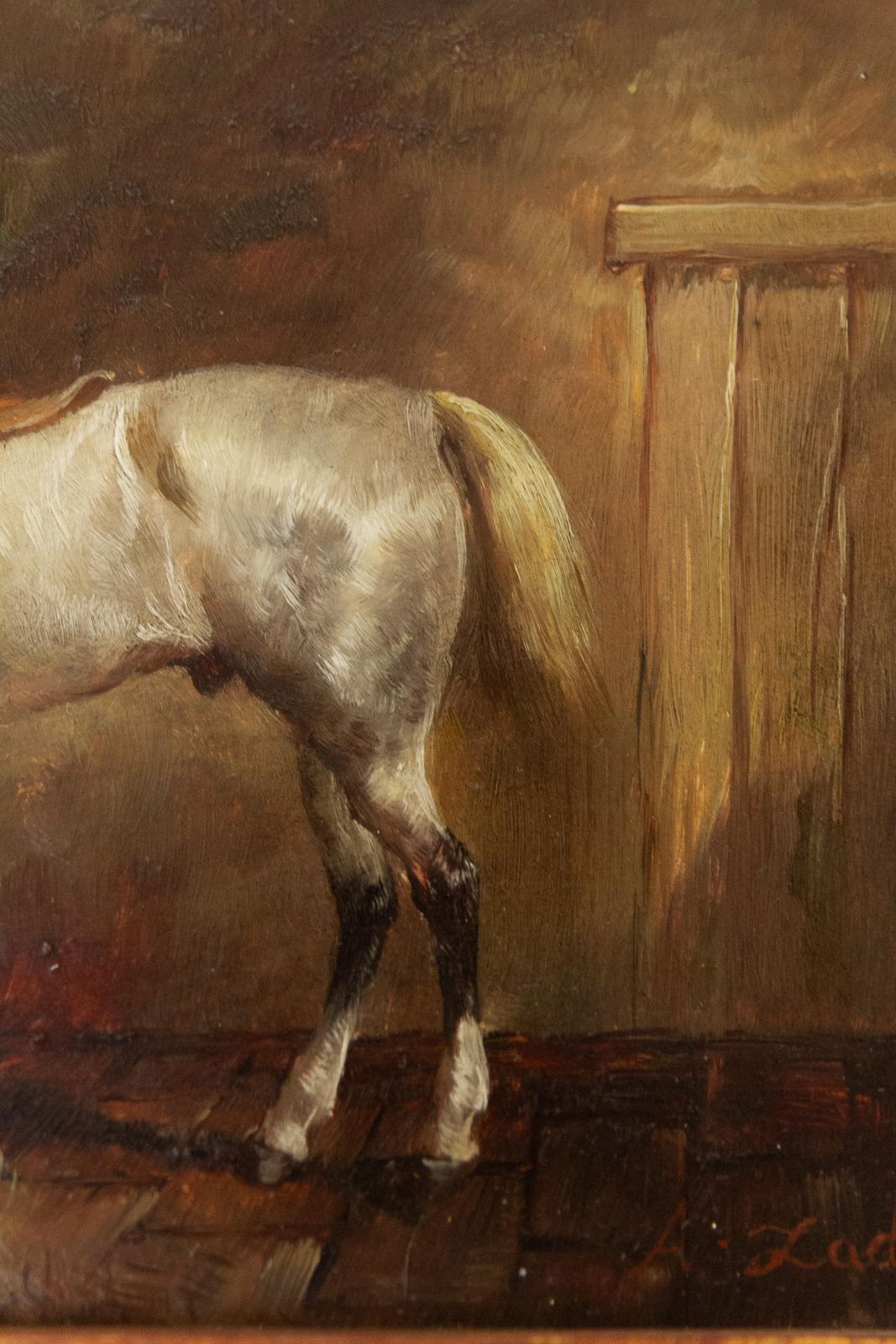 Vintage Oil Painting Of White Horse In Gilded Frame, 20th Century. photo vintage