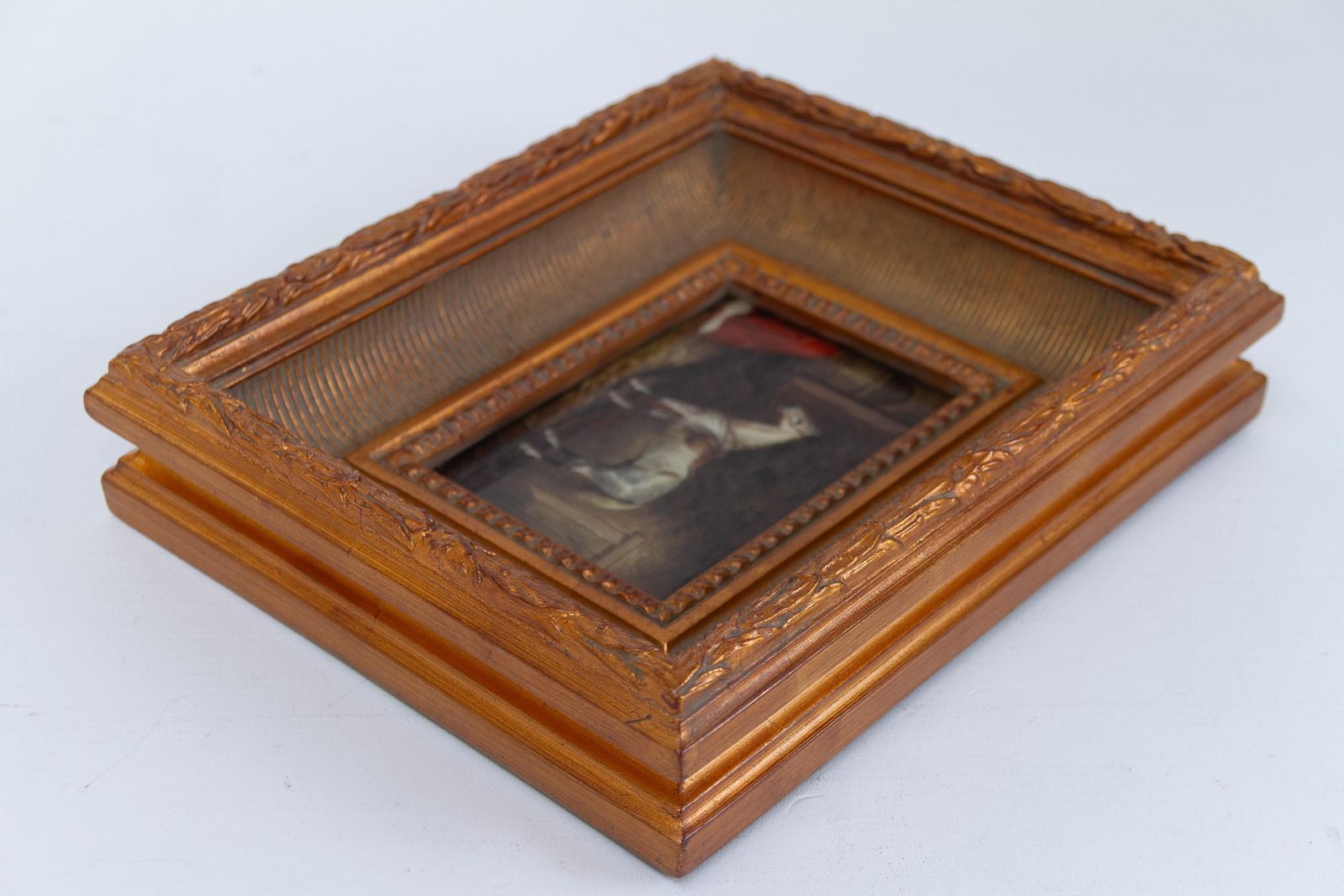 photo for sale Vintage Oil Painting Of White Horse In Gilded Frame, 20th Century.