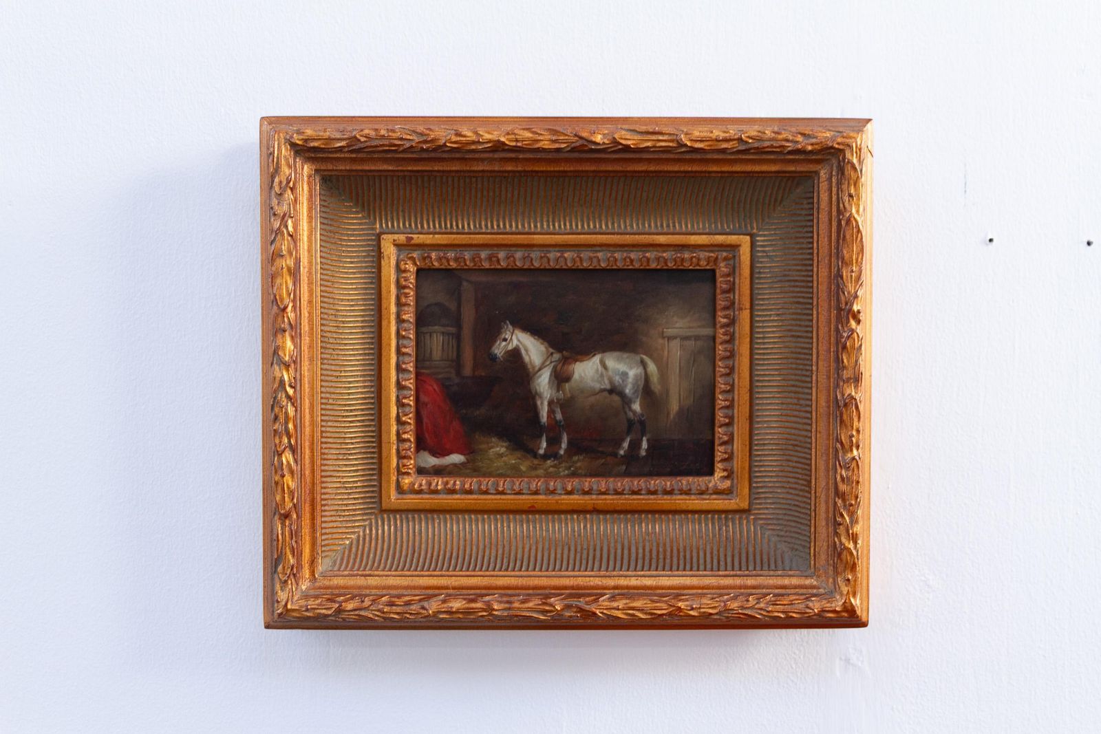 photo buy Vintage Oil Painting Of White Horse In Gilded Frame, 20th Century.