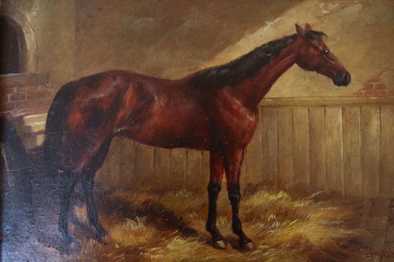 Vintage Oil Painting Of Bay Horse In Gilded Frame, 20th Century. photo Art