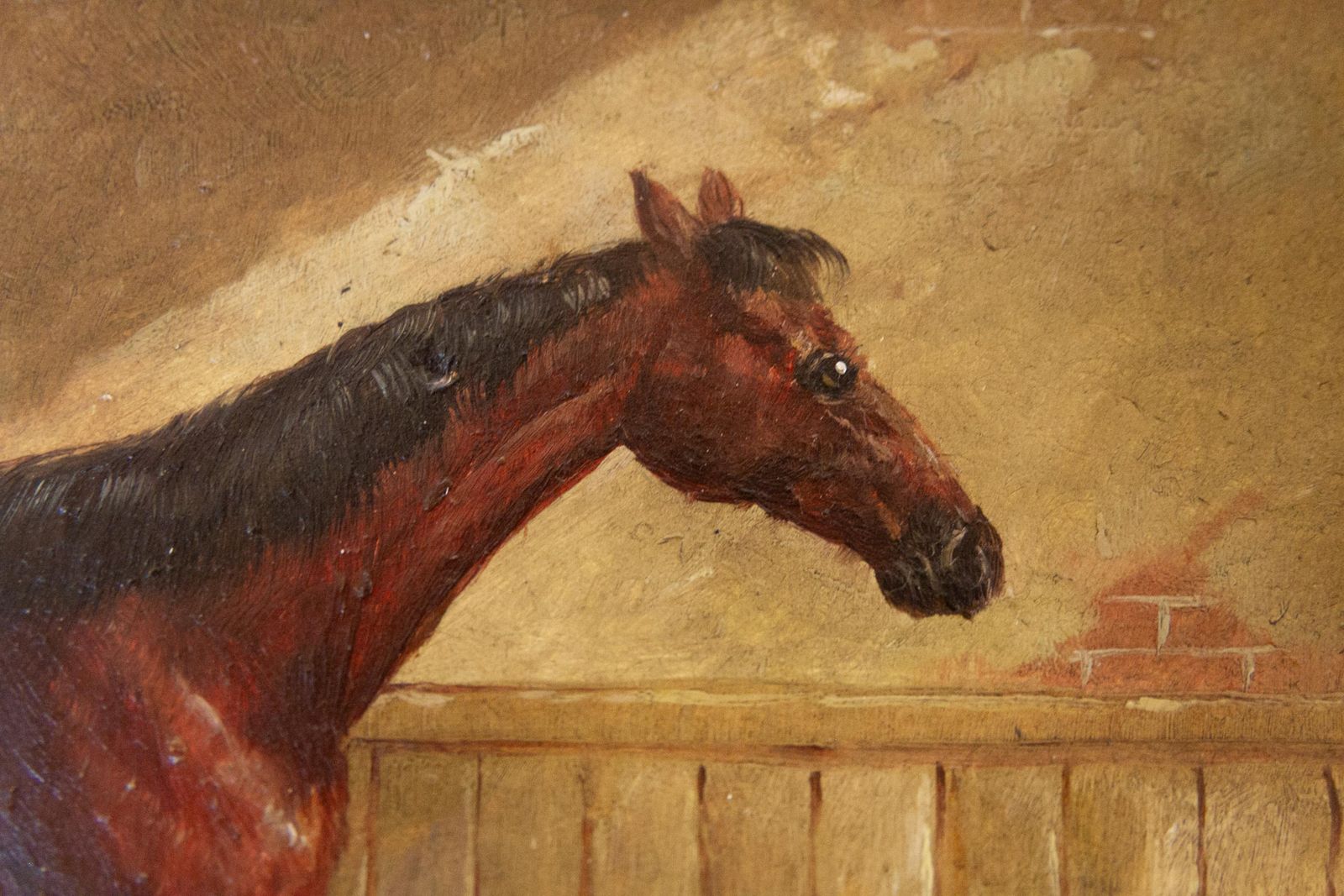 Vintage Oil Painting Of Bay Horse In Gilded Frame, 20th Century. photo 1101.0