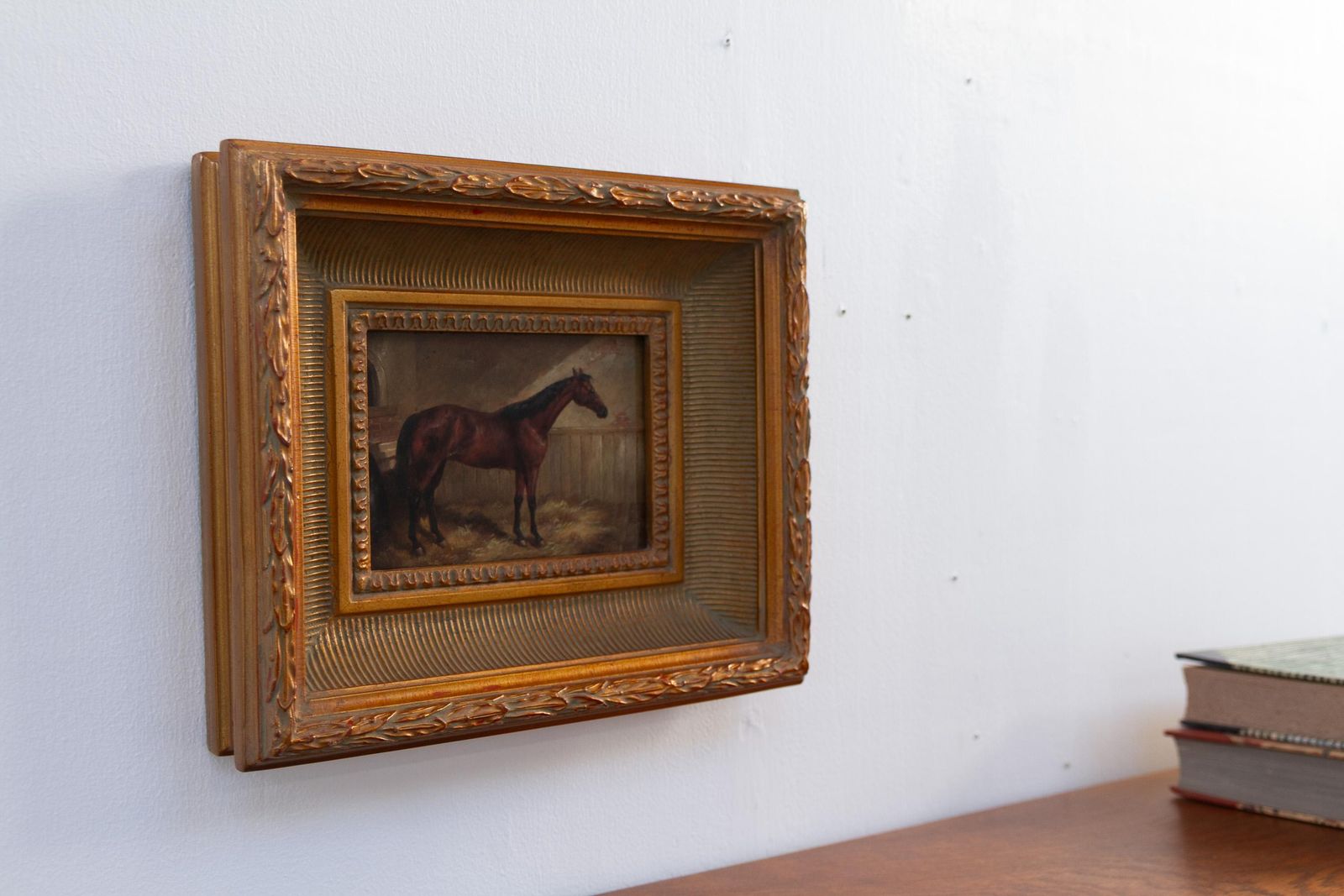 photo buy Vintage Oil Painting Of Bay Horse In Gilded Frame, 20th Century.