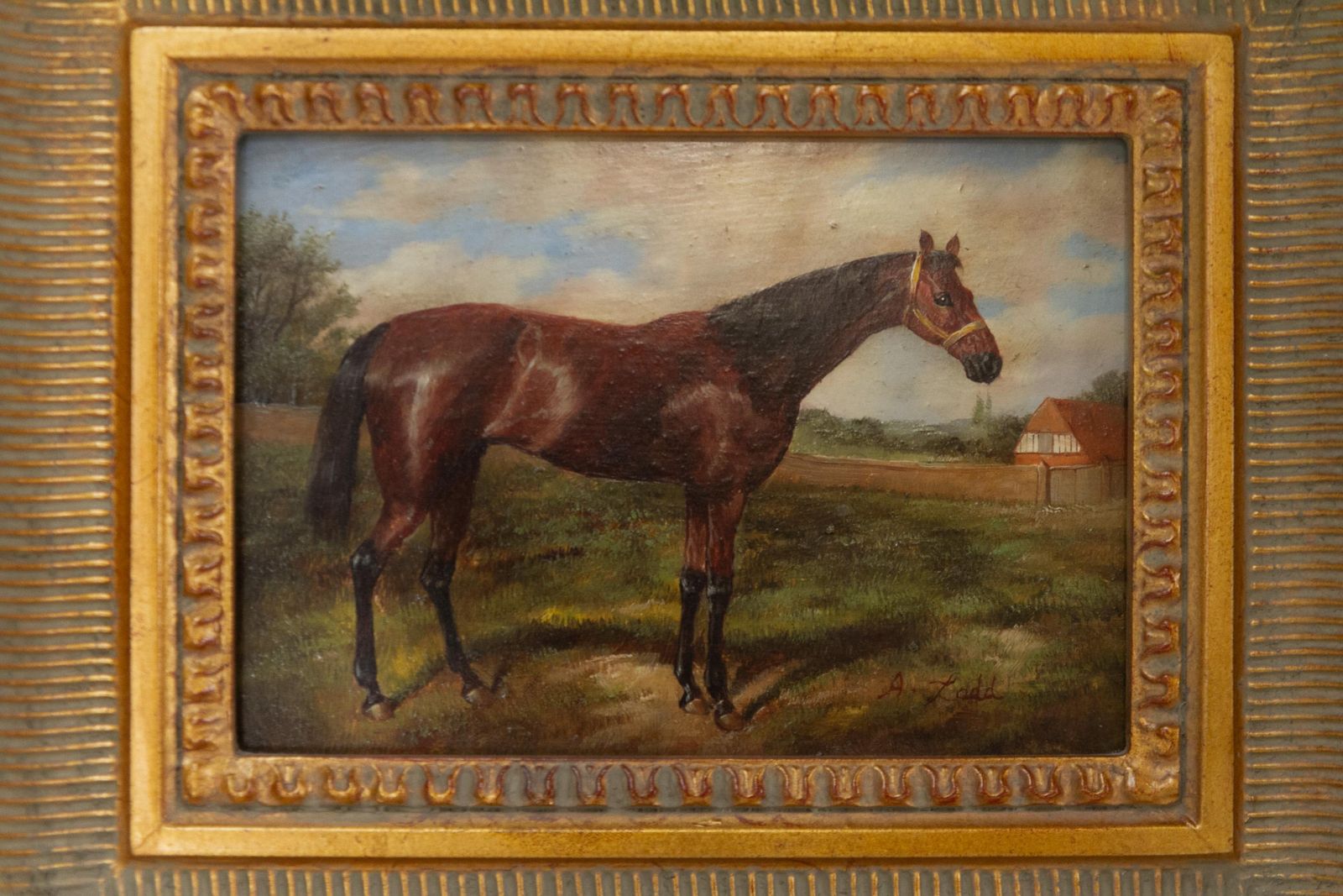 Vintage Oil Painting Of Bay Horse In Gilded Frame, 20th Century. photo furniture