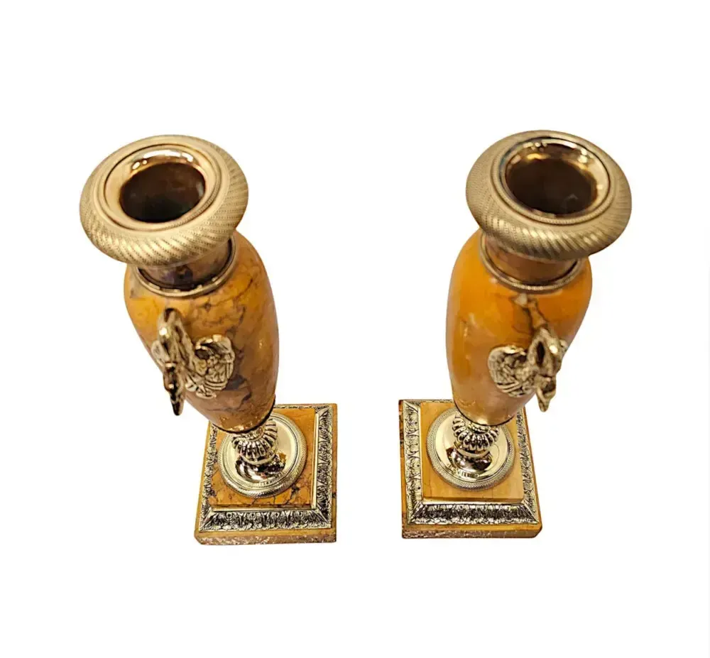 A Very Rare Pair Of 19th Century Sienna Marble Urns With Polished Brass Mounts photo vinterior