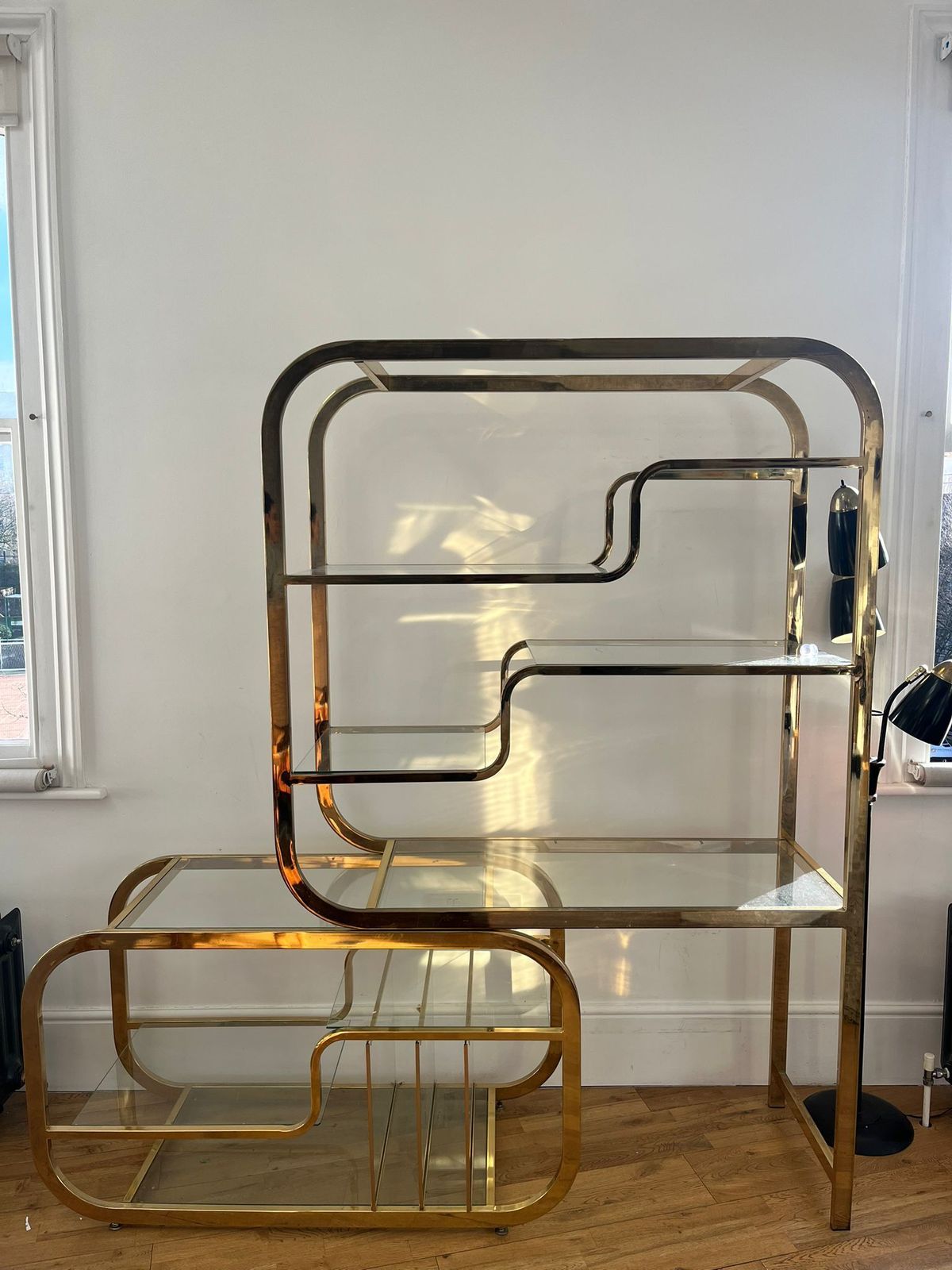Mid Century Modern Curvilinear Polished Brass & Glass Etagere By Milo Baughman