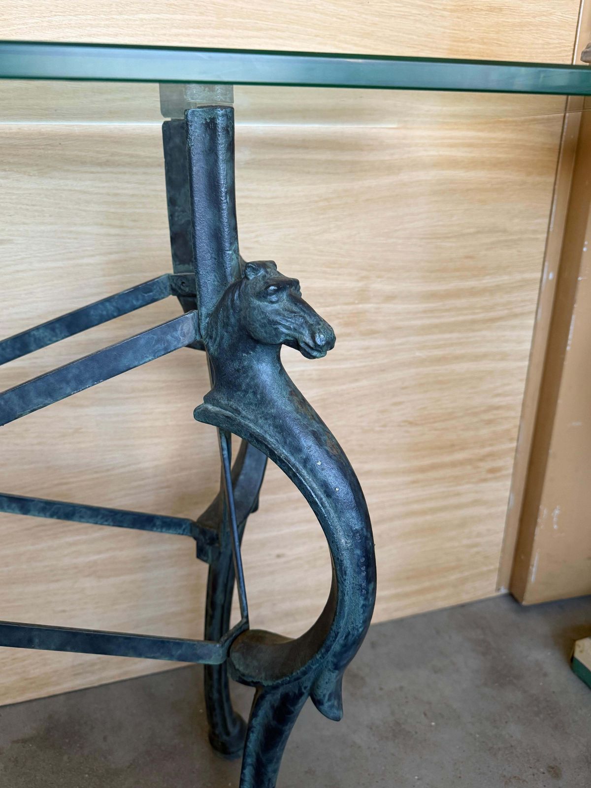 photo furniture Neoclassical Revival Italian Bronze & Iron Console Table W Horse Details. 1950s