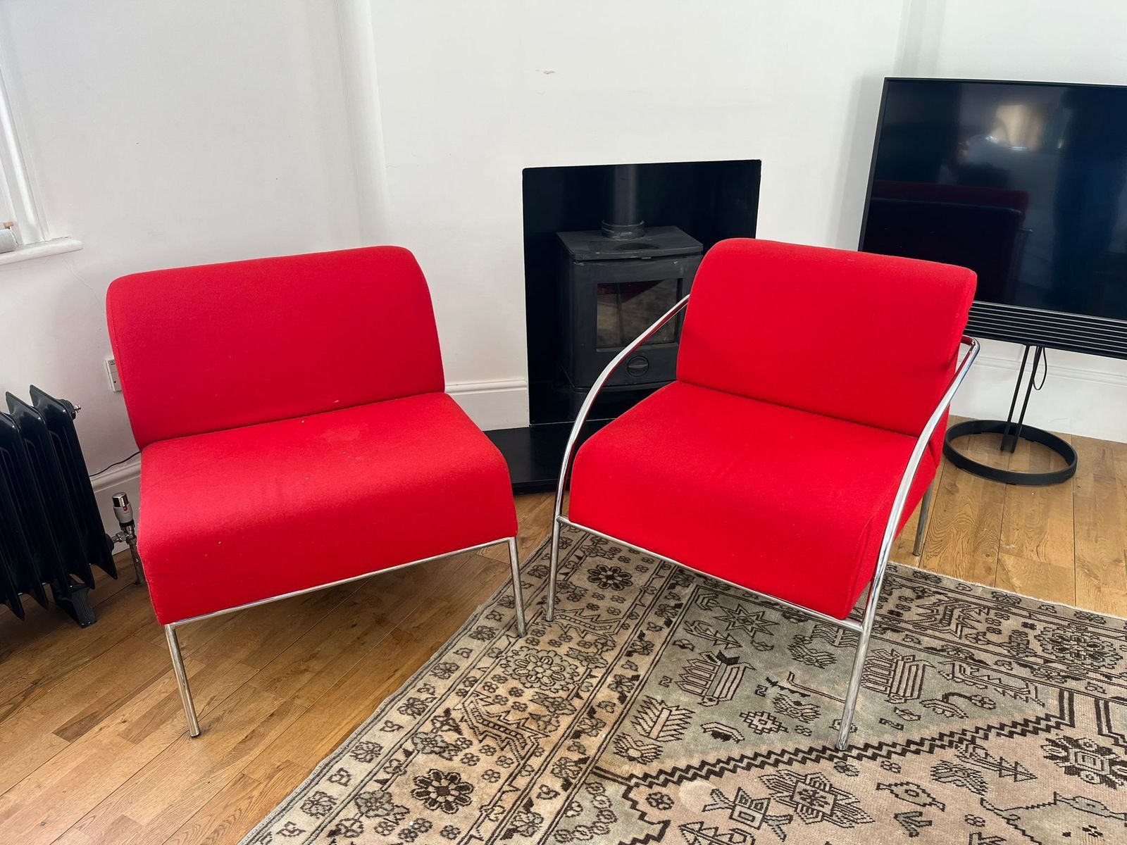 Set Of 'Stylex' Retro Red Accent Armchairs With Chrome Legs photo Furniture