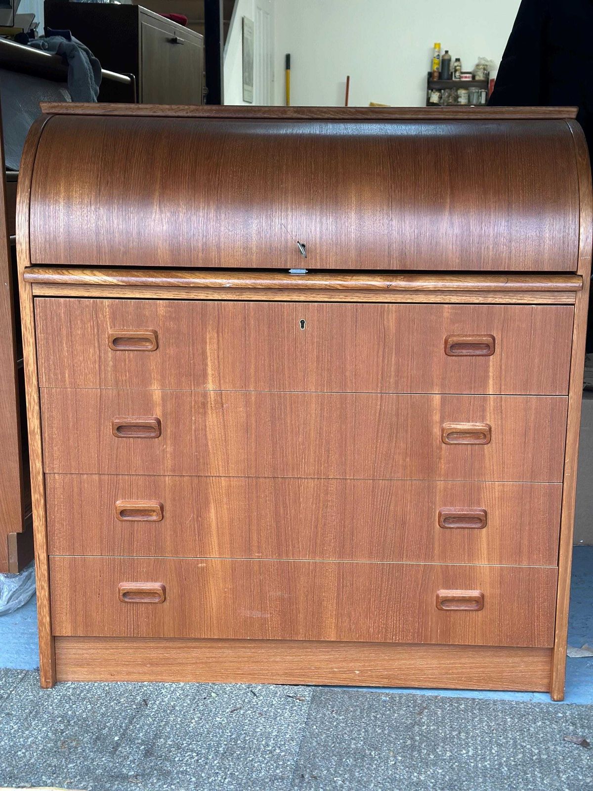 Swedish Midcentury Teak Tambour Bureau Lock With Original Key photo vintage