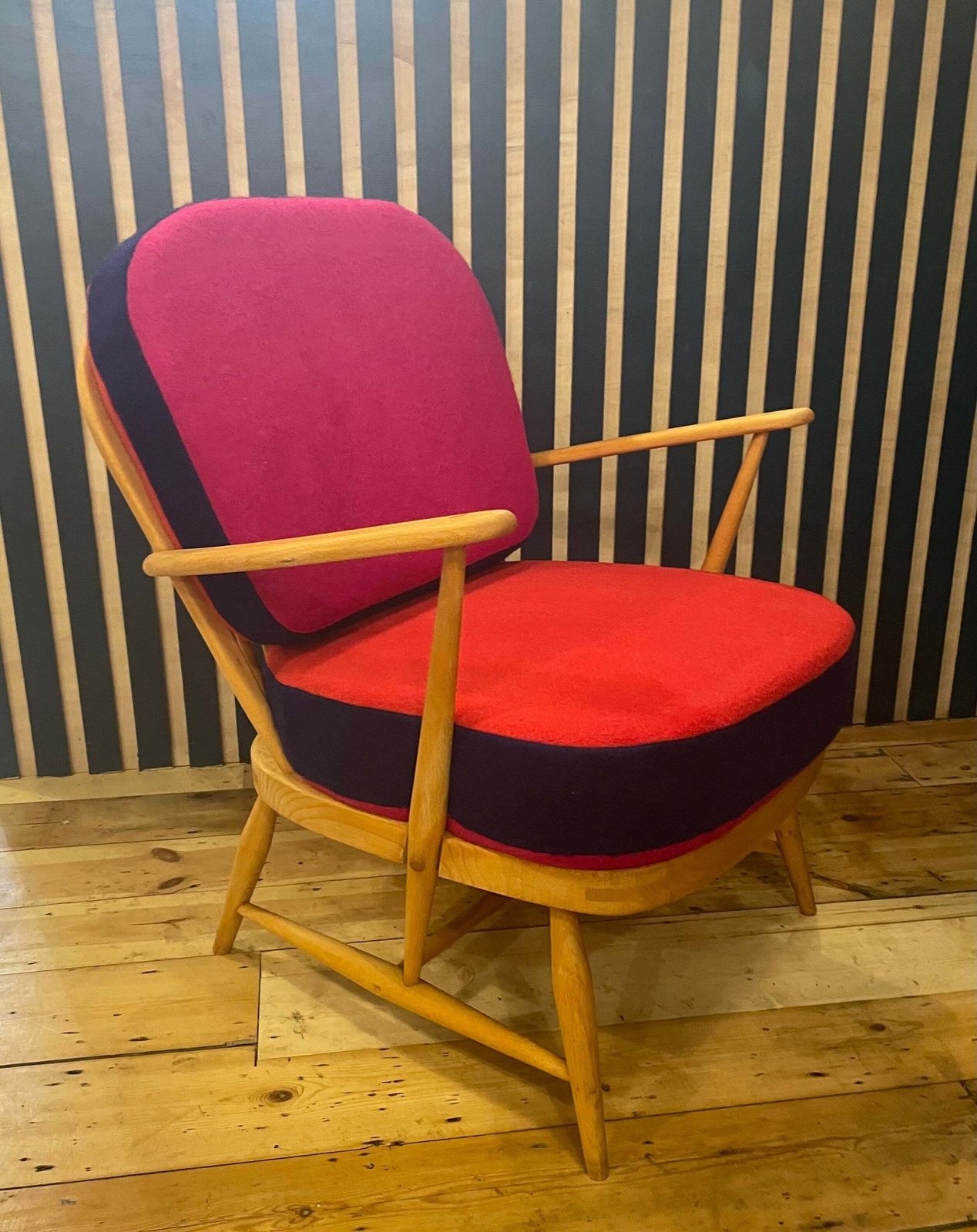Vintage Ercol Windsor 334 Armchair Fully Restored With Hand Dyed Blood Pink Bilberry Wool Covers