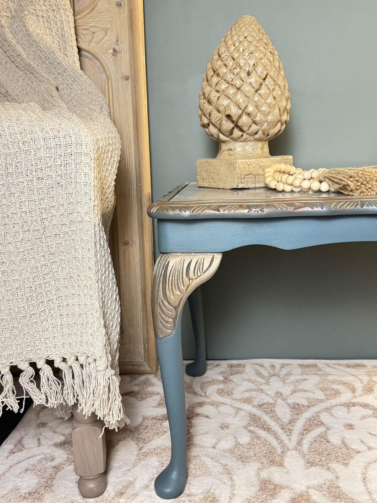 Hand Painted Vintage Coffee Table – Custom Blue Blend With Botanical Decoupage, Aged Brass & Glass Top photo furniture