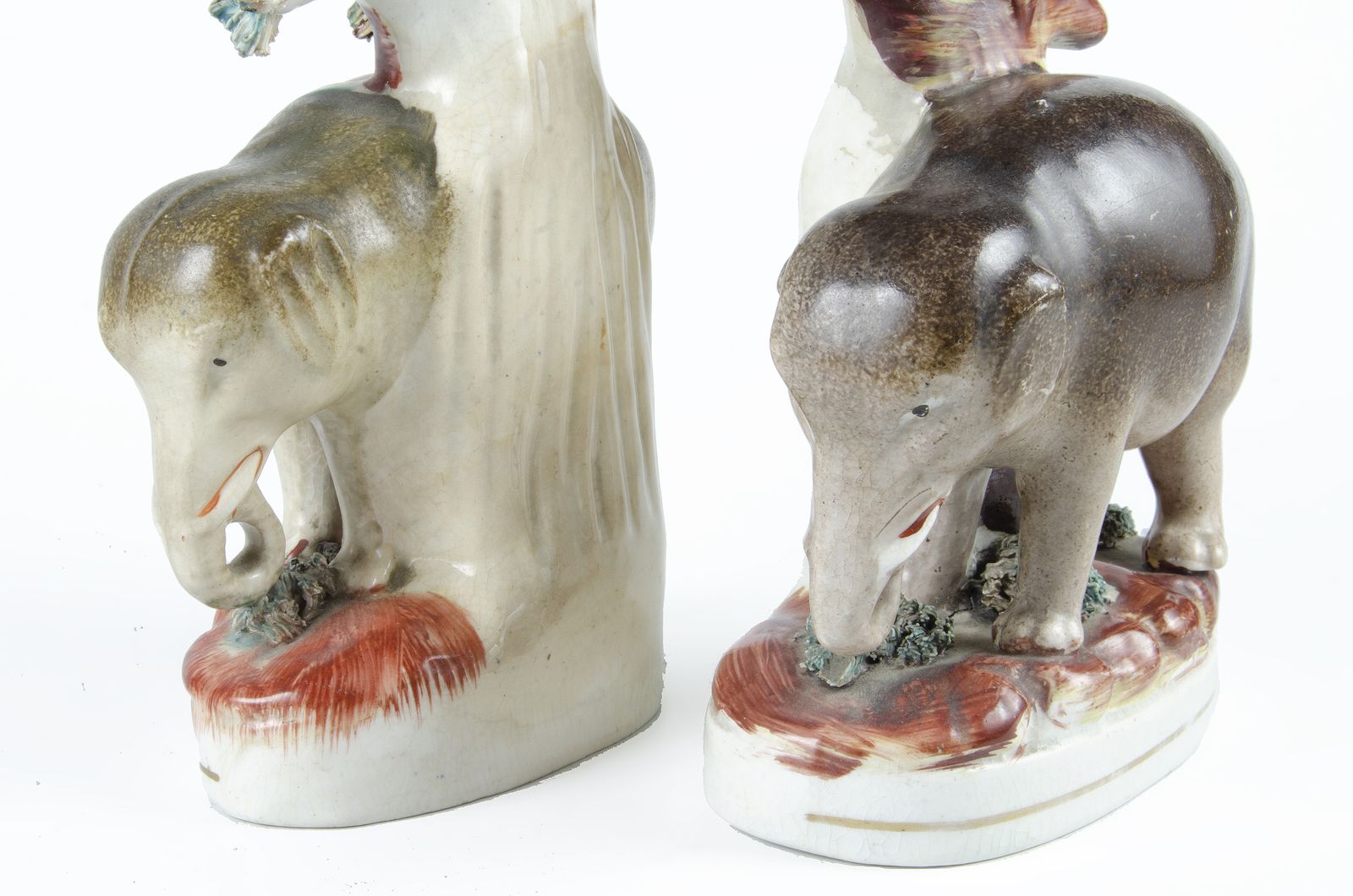 Pair Of Late 19th Century Victorian Staffordshire Earthenware Elephant Sculptures/Spill Vases, England photo for sale