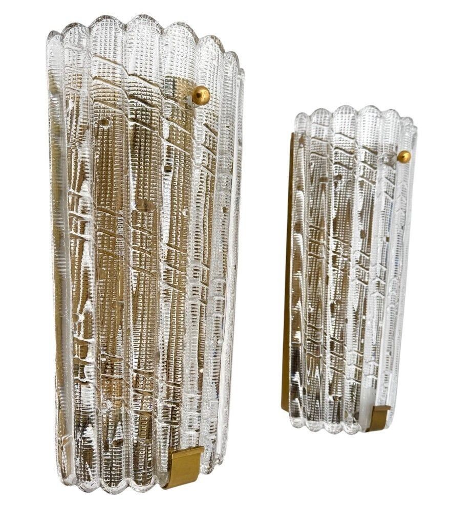 photo for sale A Large Pair Of Swedish 1960s Orrefors Glass And Brass Wall Sconces By Carl Fagerlund