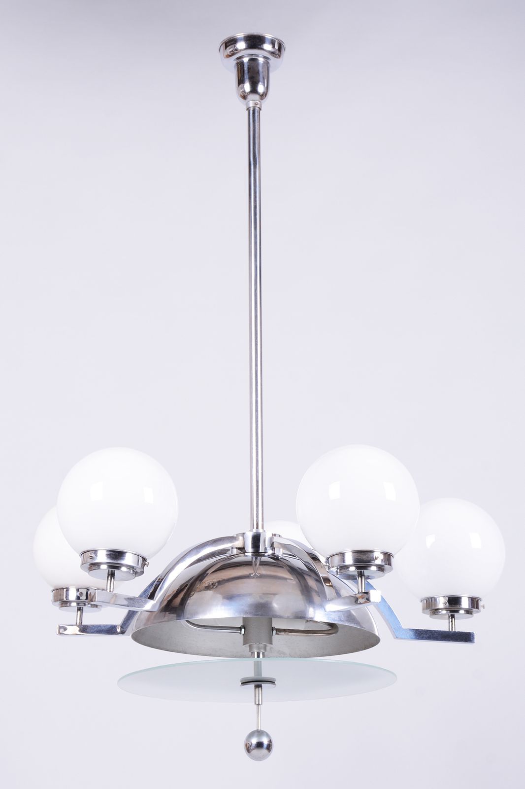 Restored Bauhaus Chandelier, Chrome Plated Steel, Opaline Glass, Czech, 1930s