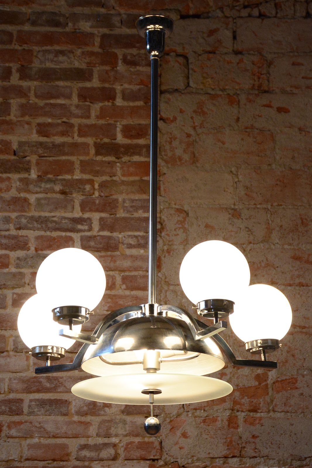 Restored Bauhaus Chandelier, Chrome Plated Steel, Opaline Glass, Czech, 1930s photo vinterior