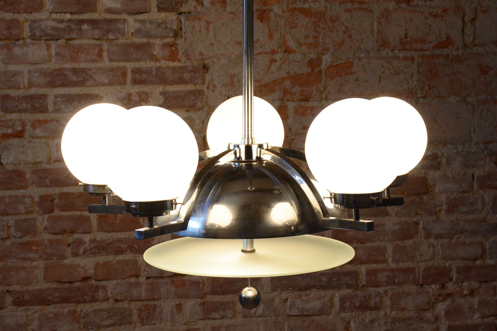 Restored Bauhaus Chandelier, Chrome Plated Steel, Opaline Glass, Czech, 1930s photo buy