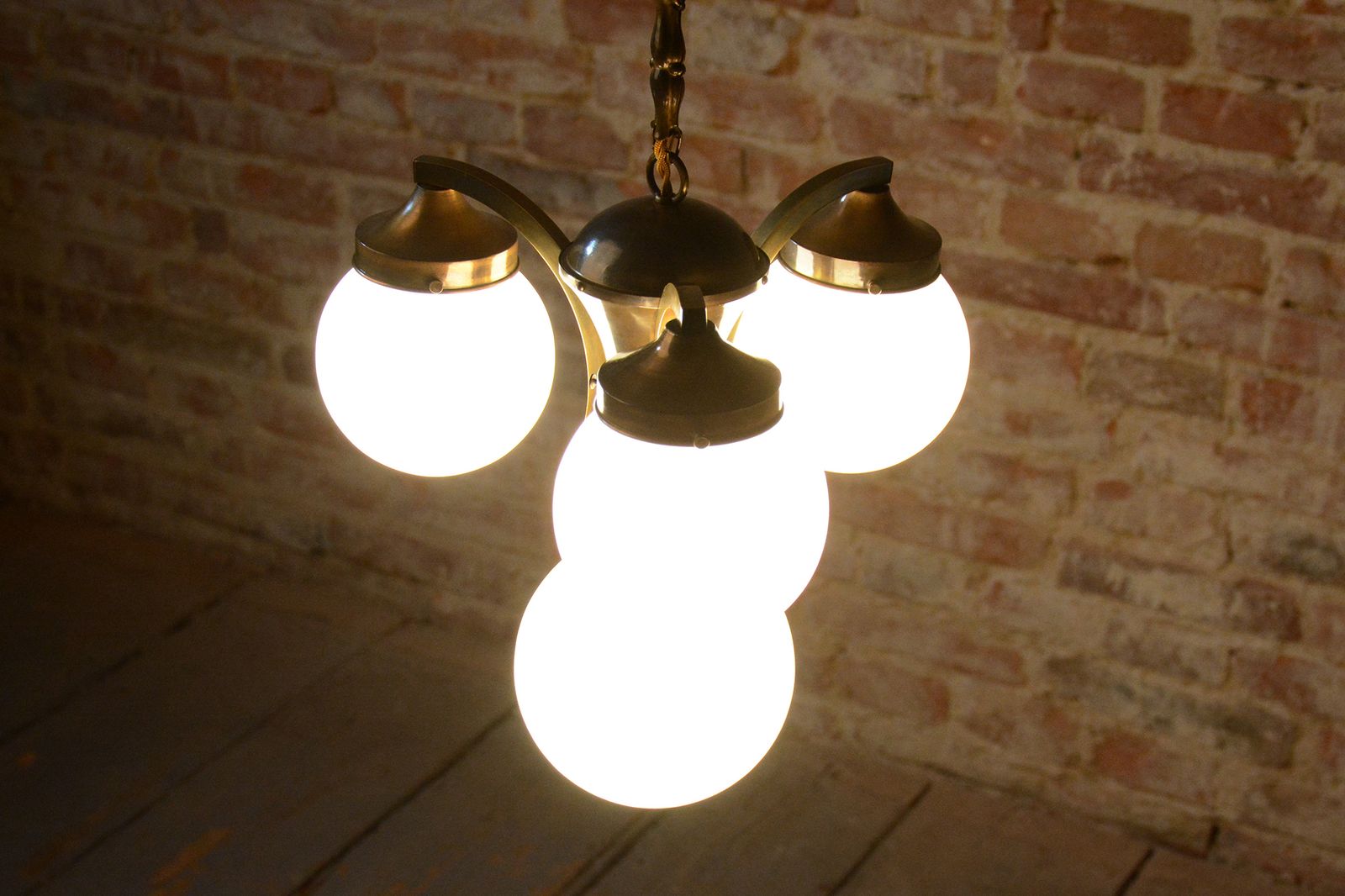 photo buy Restored Art Deco Dissociative Chandelier, Brass, Opaline Glass, Czech, 1920s