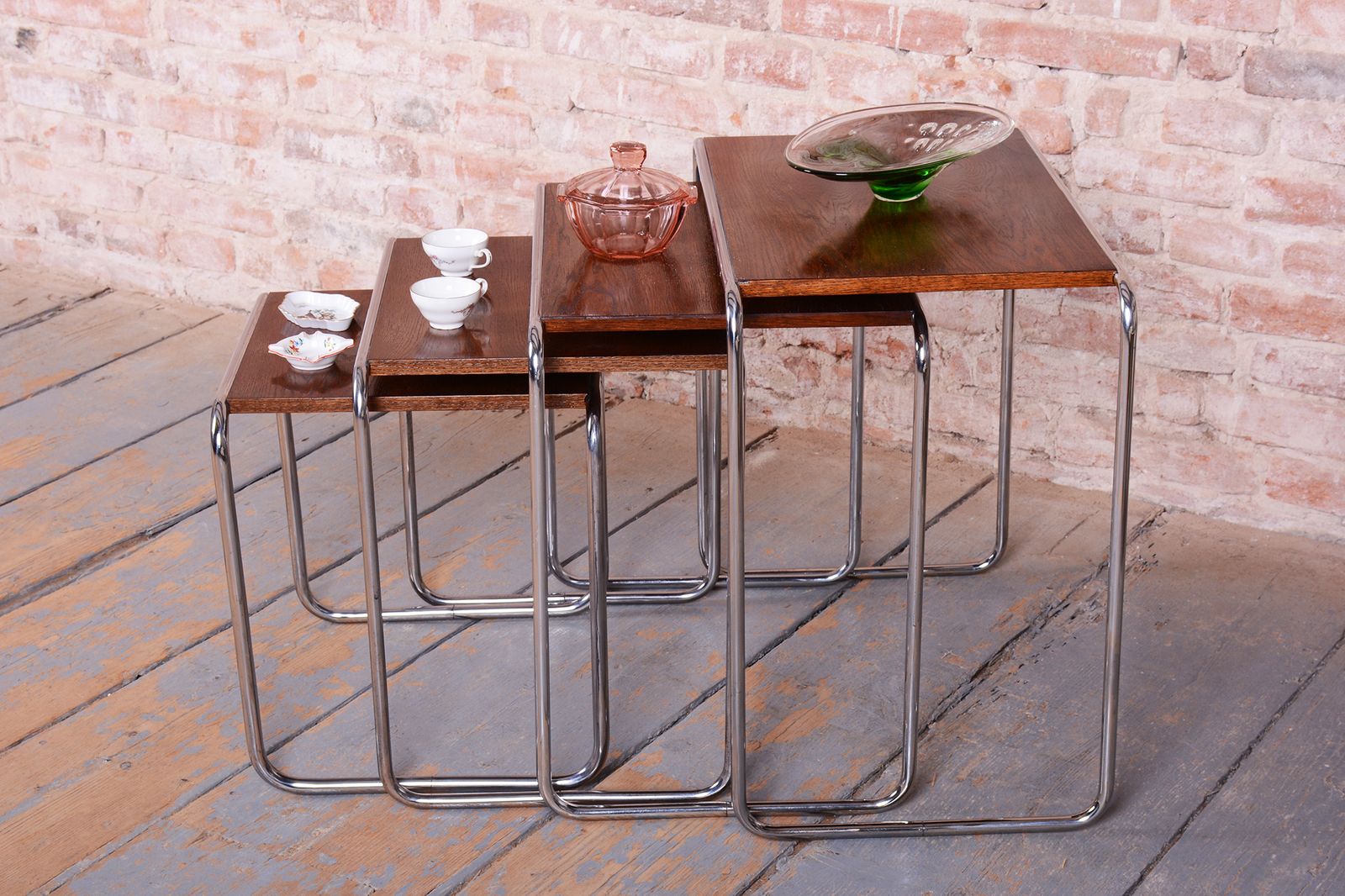 Restored Nesting Tables, By M. Breuer For Thonet, Oak, Chrome, Czech, 1920s photo buy
