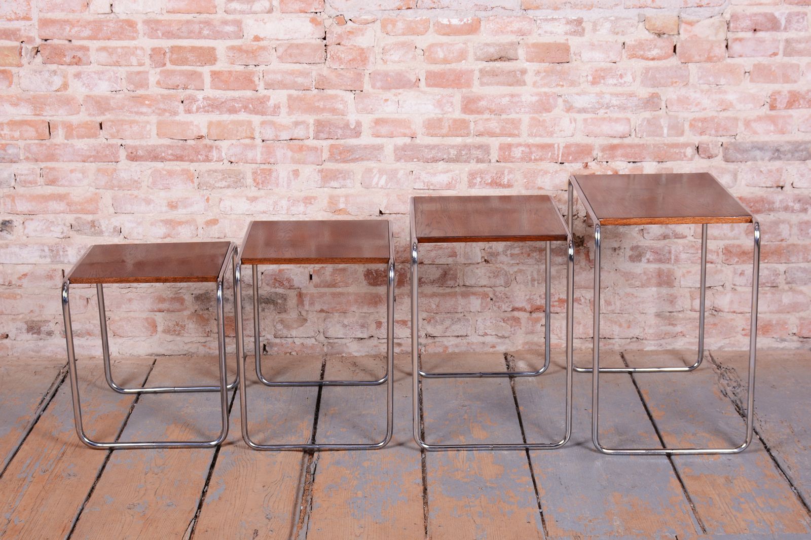 photo for sale Restored Nesting Tables, By M. Breuer For Thonet, Oak, Chrome, Czech, 1920s