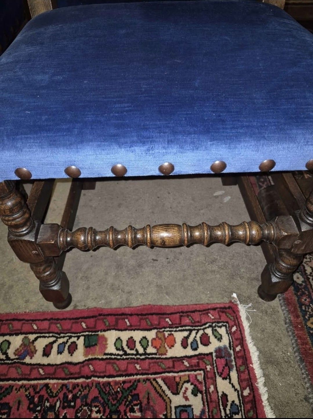 Five Epic Blue Velvet Cromwellian Style Vintage Oak Dining Chairs  4 + 1 Carver photo Furniture
