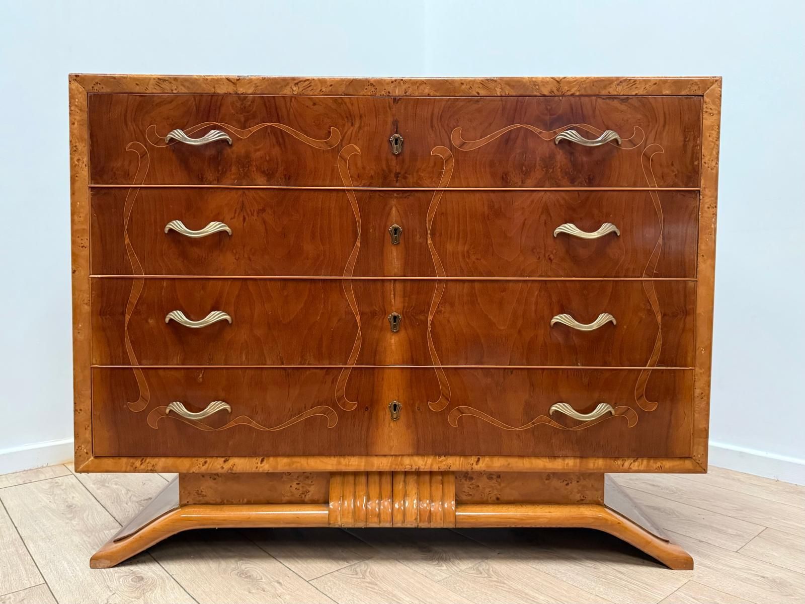 Beautiful Italian Inlaid Art Deco Walnut Route Chest Dresser Delivery Available 0179. photo furniture